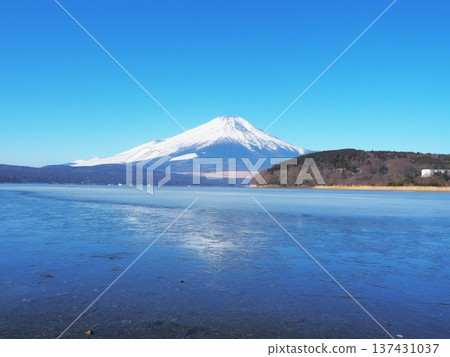 二月冬日清晨，山梨縣，冰封的山中湖和富士山。 137431037