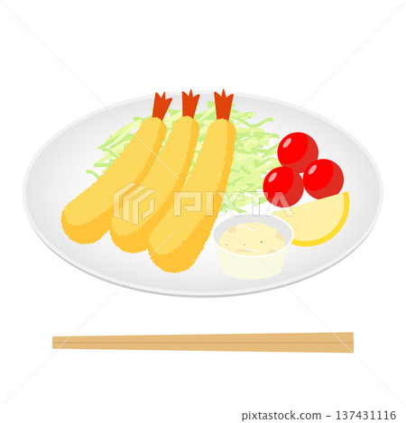 盤子裡擺放著炸蝦和蔬菜的插圖 137431116