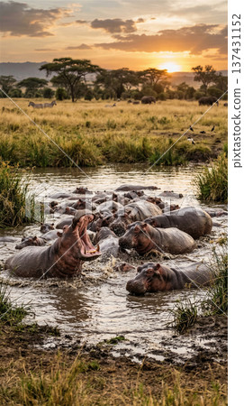 黃昏時分，一群河馬在河裡大聲打哈欠。震撼人心的瞬間。豎拍。動物。 137431152