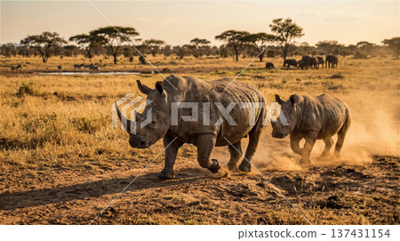 夕陽西下，一頭母犀牛帶著小犀牛奔跑，揚起陣陣塵土。母子情深，活力充沛。身體直立。全身。動物。 137431154