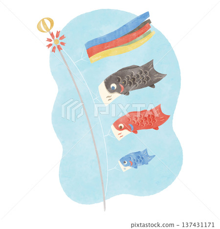 水彩風格的插圖,描繪了鯉魚飄帶在空中遊動的景象。 水彩風格的插圖,描繪了鯉魚飄帶在空中遊動的景象。 137431171