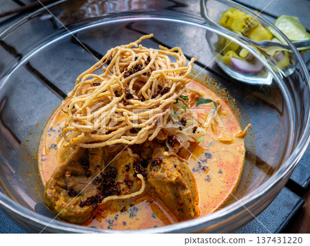 Khao Soi Beef: Northern Thai Curry Noodle Soup Braised Beef Crispy Fried Noodles Coconut Milk Bowl Khao Soi Beef: Northern Thai Curry Noodle Soup Braised Beef Crispy Fried Noodles Coconut Milk Bowl 137431220