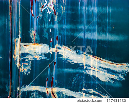 Full frame texture of old, peeling blue painted metal surface with prominent orange and brown rust streaks, abstract grunge background and industrial decay concept. Full frame texture of old, peeling blue painted metal surface with prominent orange and brown rust streaks, abstract grunge background and industrial decay concept. 137431280