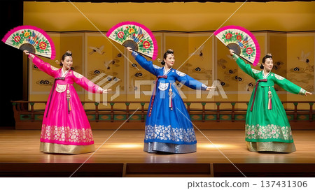 Korean Traditional Fan Dance Performance with Dancers in Colorful Hanbok 137431306
