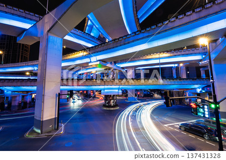 Overpass at night and long-exposure light trails - China's urban transportation infrastructure concept Overpass at night and long-exposure light trails - China's urban transportation infrastructure concept 137431328