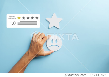 Customer negative feedback illustrated by hand placing sad face icon displaying poor service evaluation low one star rating indicating business complaint satisfaction review experience Customer negative feedback illustrated by hand placing sad face icon displaying poor service evaluation low one star rating indicating business complaint satisfaction review experience 137431426