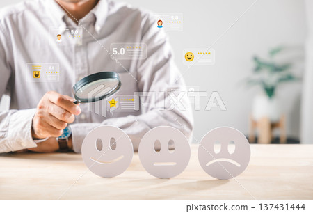 Customer satisfaction, magnifying glass evaluating business quality survey face rating, analyzing happy customer reviews, seeking excellent service experience 137431444