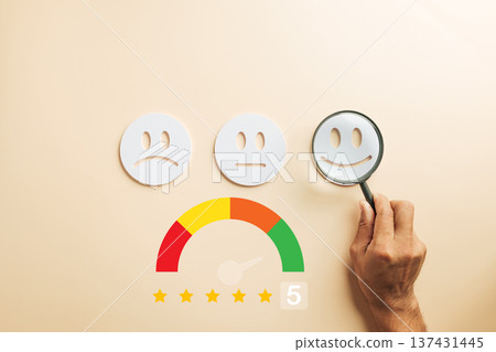 Customer satisfaction magnifying glass concept highlights excellent service quality, emphasizing happy face review, business feedback, five star rating for top customer experience 137431445