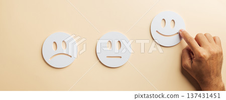 Experience customer satisfaction, hand selects happy face emoji for positive feedback survey, excellent service review shows client happiness, quality service concept 137431451