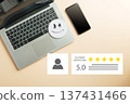 Customer review feedback laptop online survey for client digital satisfaction with phone, showing positive assessment via happy face and five star rating 137431466