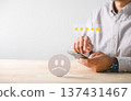 Review highlights unhappy customer negative feedback, man uses phone for bad experience rating, service satisfaction complaint via sad face 137431467