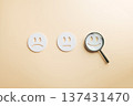 customer satisfaction magnifying glass concept highlights happy face for business quality service, carefully observing positive feedback and finding excellent review experience for consumer trust 137431470
