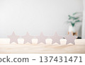 Customer satisfaction star rating shows top service quality concept with five white stars on wooden desk ideal for positive experience review and survey feedback display 137431471