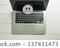 Customer satisfaction survey shows poor online feedback on laptop service, unhappy face icon sits on computer keyboard displaying negative experience, bad user review 137431473
