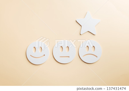 Customer satisfaction survey rate options show happy, neutral, sad face expressions, star choice for business review, quality feedback, finance growth interest Customer satisfaction survey rate options show happy, neutral, sad face expressions, star choice for business review, quality feedback, finance growth interest 137431474