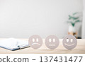 Survey showing customer satisfaction review with various feedback emotions sad neutral happy faces and customer survey forms for overall customer experience 137431477
