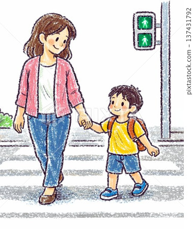 交通安全圖片：父母和孩子手牽手走在行人穿越道上 137431792