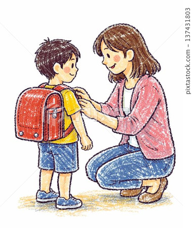 一位母親在送孩子上學前，溫柔地整理孩子的書包。 137431803