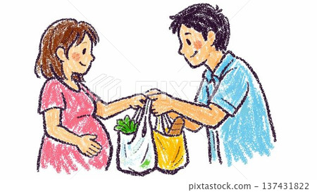 丈夫體貼地幫懷孕的妻子拿著購物袋,溫馨的一幕。 丈夫體貼地幫懷孕的妻子拿著購物袋,溫馨的一幕。 137431822