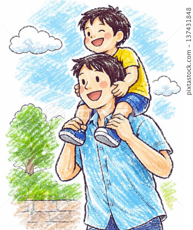 父親將孩子扛在肩上，溫馨的親子互動 137431848