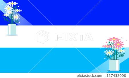 Flat illustration of white marguerites and pink daisies decorated on a blue and white three-tiered background 137432008