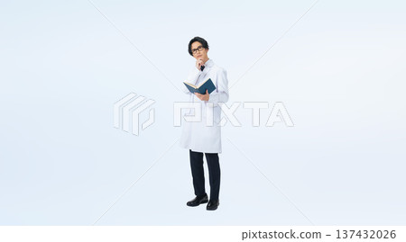 Full-body photo of a worried man in a white coat Full-body photo of a worried man in a white coat 137432026