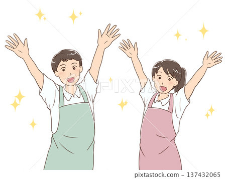 Men and women in refreshing aprons smiling and raising their arms Men and women in refreshing aprons smiling and raising their arms 137432065
