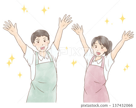 Men and women in refreshing aprons smiling and raising their arms 137432066