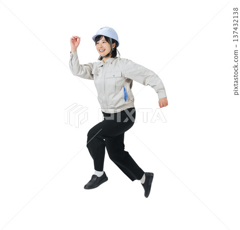 Woman in work clothes jumping - Full-body photo PNG with transparent background, precisely cut out by hand Woman in work clothes jumping - Full-body photo PNG with transparent background, precisely cut out by hand 137432138