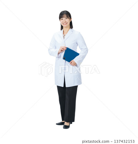Woman in a white coat holding a file - Full-body photo PNG with transparent background, precisely cut out by hand Woman in a white coat holding a file - Full-body photo PNG with transparent background, precisely cut out by hand 137432153