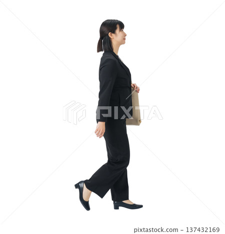 A walking female business person in a suit. A full-body photo PNG with a transparent background, precisely cut out by hand. A walking female business person in a suit. A full-body photo PNG with a transparent background, precisely cut out by hand. 137432169