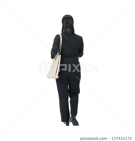 Back view of a walking female business person in a suit. Full-body photo PNG with transparent background, precisely cut out by hand. Back view of a walking female business person in a suit. Full-body photo PNG with transparent background, precisely cut out by hand. 137432172