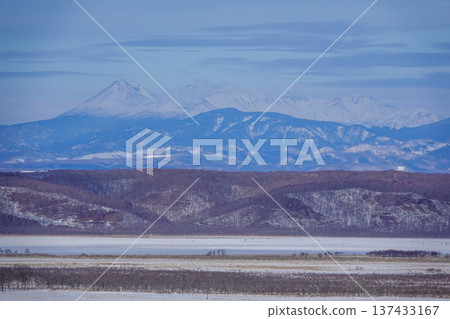 Majestic snow-capped mountains and winter scenery of Akan seen from Kushiro Marsh, January 30, 2026, Kushiro City, Japan 137433167