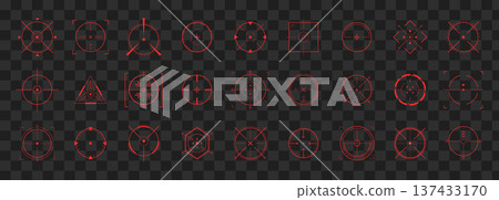 Red crosshair Hud. Asset focus with bullseye or brain research buttons. Colorful clip art and exploding compass for future vision with vitality and progress. Set of simple Vector icons 137433170