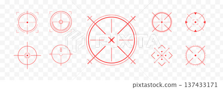 Crosshair Hud red. Precision aim icons and shooting targets. Futuristic sniper reticle designs for weapon sights. Set of simple Vector icons 137433171