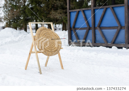 Serene winter tableau presenting straw bullseye on post surrounded by snow and pine trees 137433274