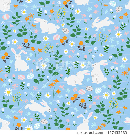 Seamless pattern with cute hand drawn easter bunnies on springtime for decorative,kid product,fashion,fabric,textile, wallpaper and all print Seamless pattern with cute hand drawn easter bunnies on springtime for decorative,kid product,fashion,fabric,textile, wallpaper and all print 137433383