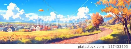 通往城鎮的秋日磚路，動漫風格 137433393