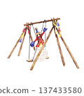 Watercolor girl on wooden nomadic swing with ribbons traditional steppe playground 137433580