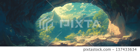 動漫風格的叢林洞穴深處場景 137433634