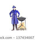 Watercolor nomadic man cooking over fire with cauldron 137434007