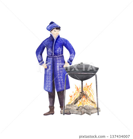 Watercolor nomadic man cooking over fire with cauldron Watercolor nomadic man cooking over fire with cauldron 137434007