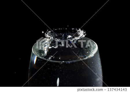 Splashes of water and a transparent water crown in the darkness Splashes of water and a transparent water crown in the darkness 137434143