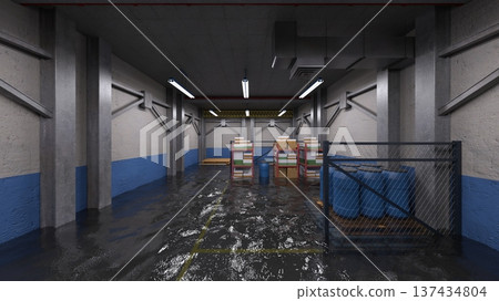 Flooded warehouse Flooded warehouse 137434804
