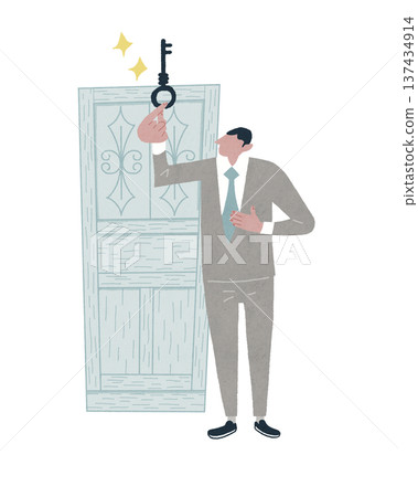 Businessman holding a big key in front of a door 137434914