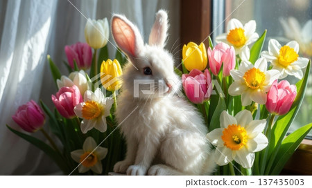 White Rabbit Among Tulips and Daffodils by Window White Rabbit Among Tulips and Daffodils by Window 137435003