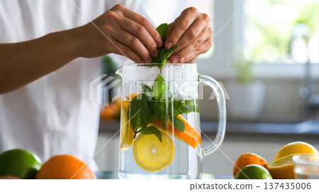 Hands Adding Mint to Citrus Infused Water in Pitcher 137435006