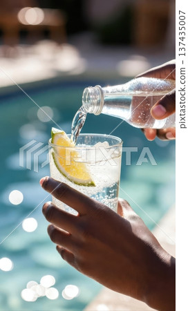 Pouring Sparkling Water Into Lime Drink by Pool 137435007