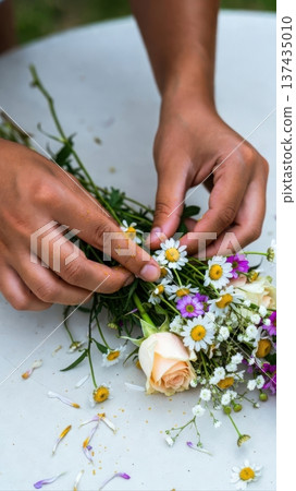 Hands Arranging Wildflower Bouquet on White Table 137435010