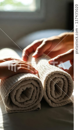 Adult and Child Rolling Towels at Home 137435020